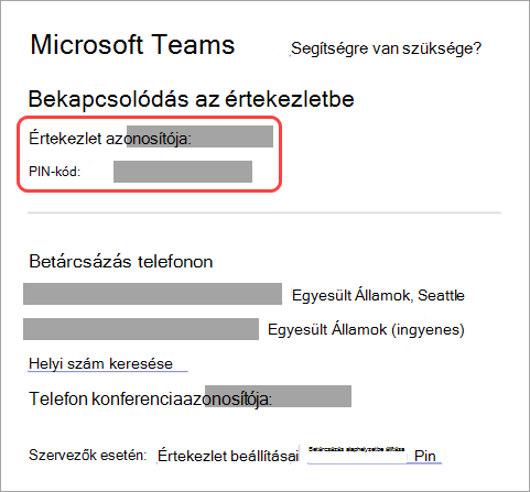 Képernyőkép, amelyen látható, hogy hol található az értekezlet azonosítója és hitelesítő kódja az értekezlet-összehívásban.