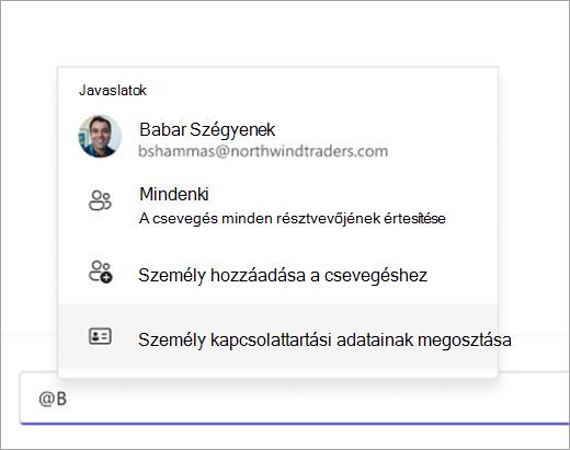 Képernyőkép, amelyen látható, hogyan húzhat ki egy névjegyet a @mention használatával való megosztáshoz.