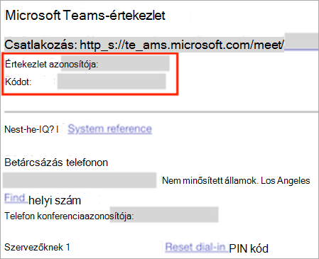 Képernyőkép az új Teams-értekezletmeghívóról, kiemelve az értekezlet azonosítóját és hitelesítő kódját.