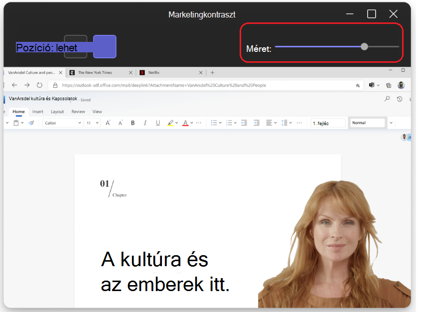 A lap tetején lévő méretezőcsúszkát ábrázoló kép előadói módban.