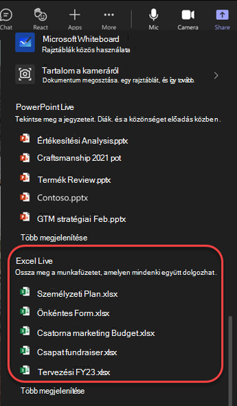 Képernyőkép a megosztási lehetőségekről, amelyek kiemelik az Excel-fájlokat a Teams-értekezletben.