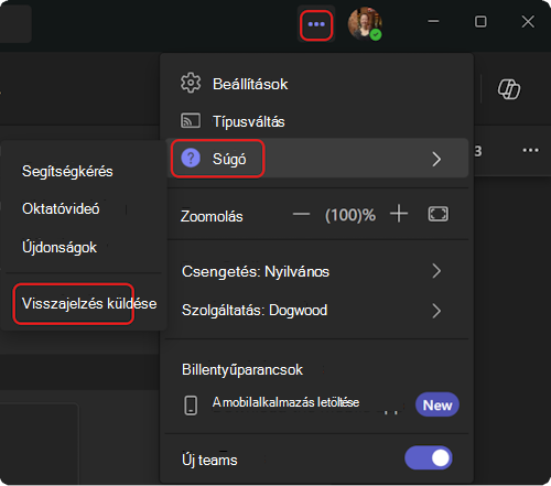 A súgó menü megnyitása a Teamsben.