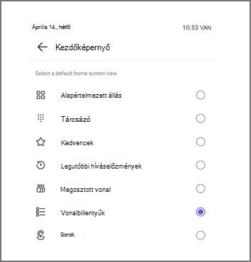 A kezdőképernyő alapértelmezett nézetének kiválasztására szolgáló menü, amelyben jelenleg ki van választva a Vonalbillentyűk.