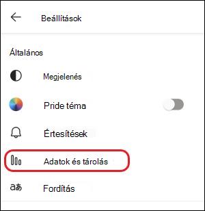 Teams-mobiladat- és tárterület-beállítás