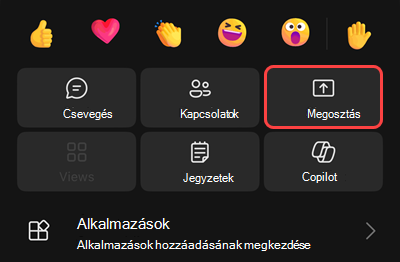 Egy értekezlet egy menüje, amelyben felvételt indíthat, várakoztathatja magát, felhívhatja magát, megosztást végezhet, tárcsázót jeleníthet meg, vagy kikapcsolhatja a bejövő videót.