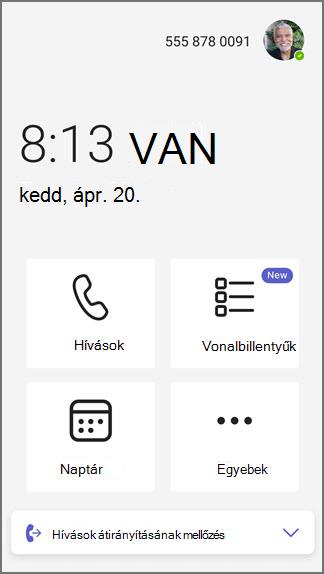 A Teams telefonvonal billentyűinek kezdőlapja