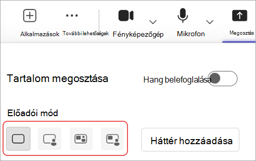 Képernyőkép a Microsoft Teams értekezletvezérlői különböző előadói módjairól.