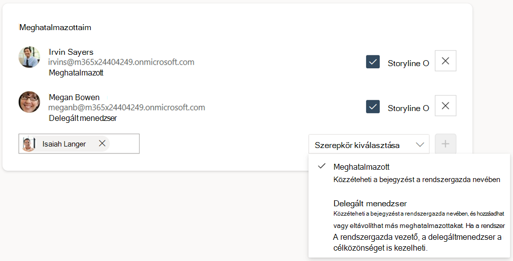 A meghatalmazott és a meghatalmazottkezelő legördülő listája meghatalmazott hozzáadásakor