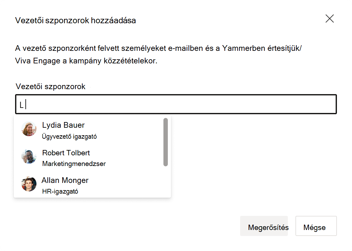 Képernyőkép a projektszponzorok beviteli mezőjéről.