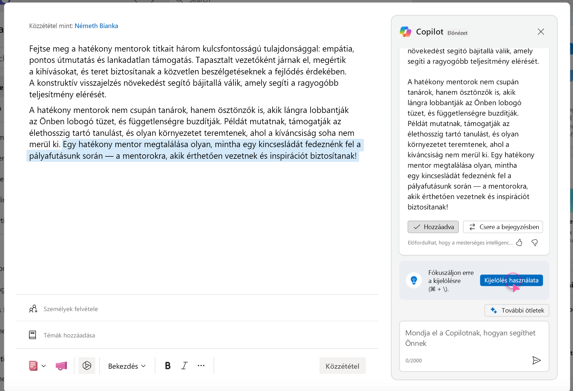 Képernyőkép arról, hogy miként szűkítheti a fókuszt konkrét szövegre a Copilotban.