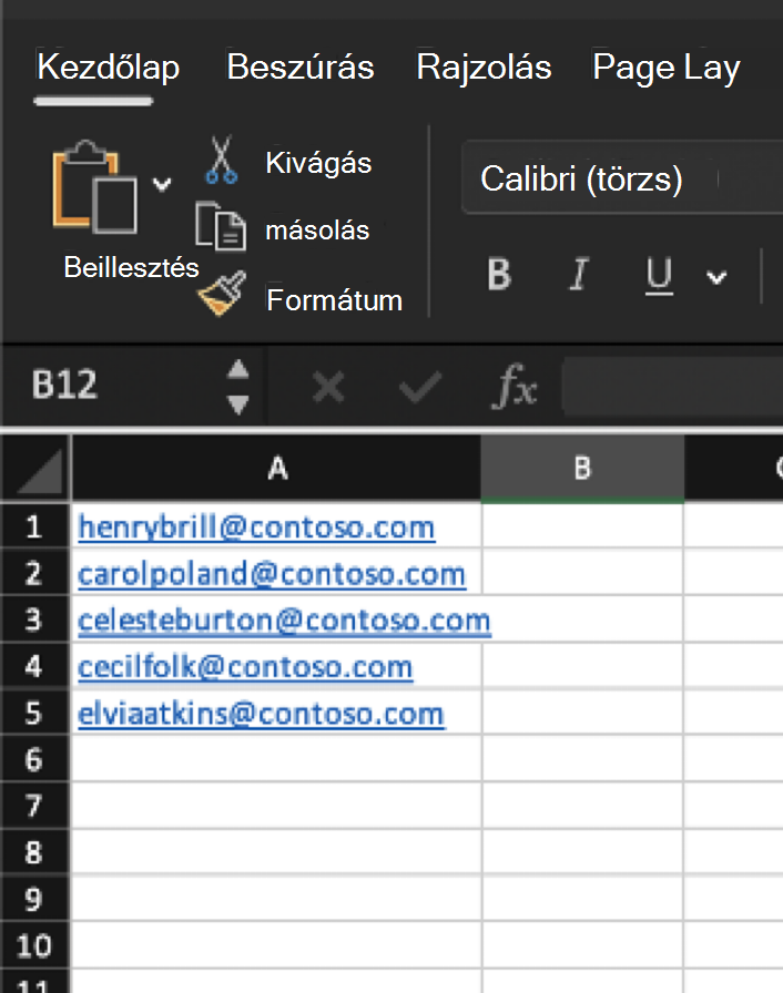 Ebben a példa CVS-fájlban az egyik A oszlop tartalmaz e-mail-címeket, a többi cella pedig nem tartalmaz egyéb információt.