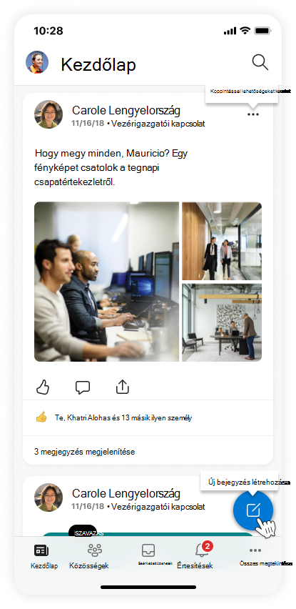 A Viva Engage mobilalkalmazás kezdőképernyőjének képe