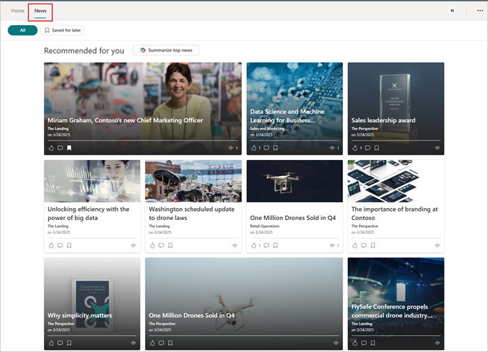 Screenshot of the news feed in the news tab.