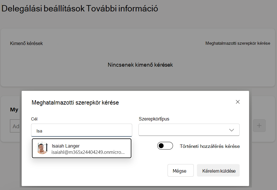 előugró ablak, amely a meghatalmazási kérelem elküldéséhez szükséges releváns információkat tartalmazza