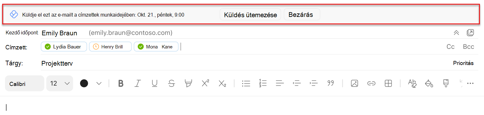 Képernyőkép egy ütemezés küldési javaslatáról az Outlookban Mac kiemelve a Feladó sor felett