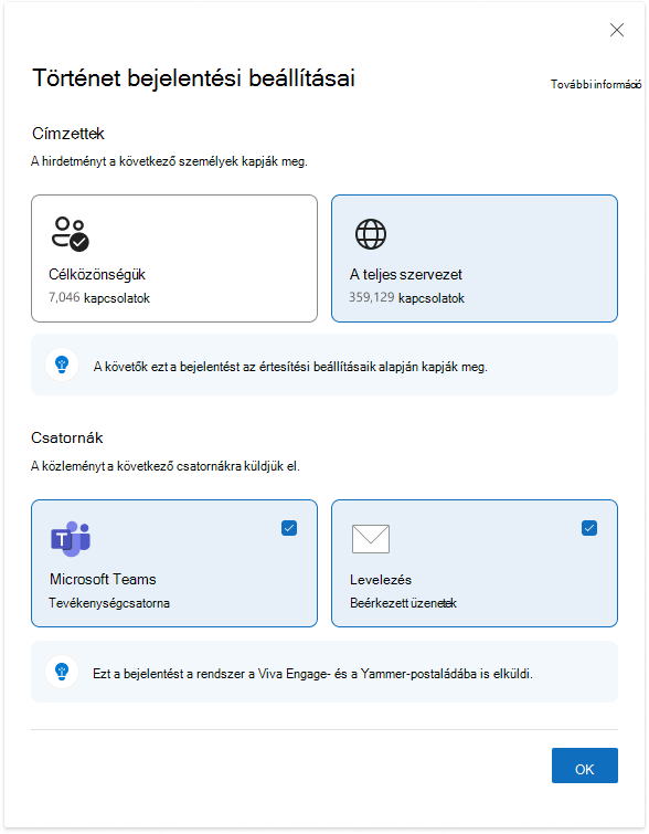 View of Storyline Announcement settings for Entire Organization