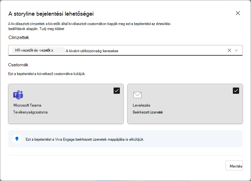 A Viva Engage célközönséggel rendelkező vezetők számára elérhető történetbejelentési beállítás képe
