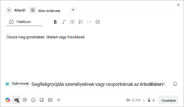 Képernyőkép arról, hogy hol jelenik meg a Saját csapatok egy új üzenőfal-közleményben