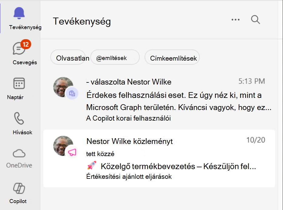 Képernyőkép a közösségi tartalmakról a Teams tevékenységcsatornájában