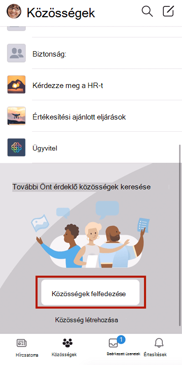 Képernyőkép: Yammer-közösségek keresése mobileszközön kijelöléssel