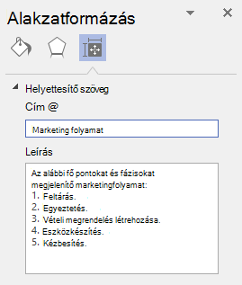A Windows Visio vizuális elemek Helyettesítő szöveg párbeszédpanelje.