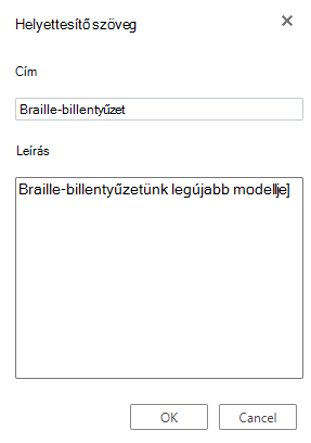 A Helyettesítő szöveg párbeszédpanel a webes Visióban