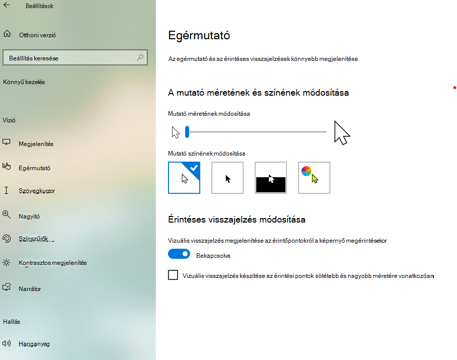 Mutató méretének és színének módosítása a Windows 10 Gépház alkalmazásában