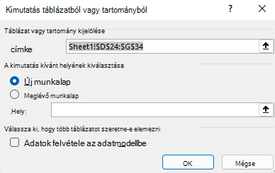 A Windows Excel Kimutatás létrehozása párbeszédpanelje, amelyen a kijelölt cellatartomány és az alapértelmezett beállítások láthatók.