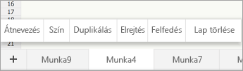Kijelölt munkalapfül, amelyen az Átnevezés parancs látható