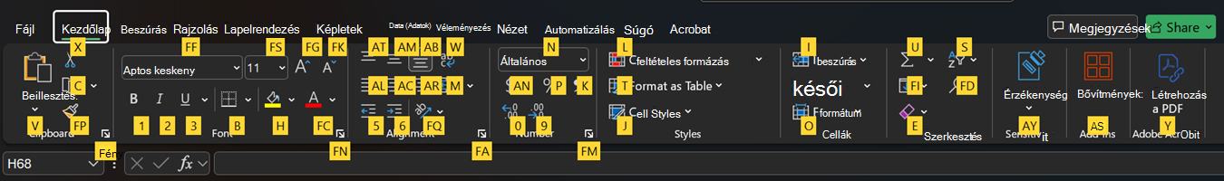 Az Excel menüszalagjának billentyűtippjei.