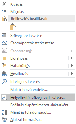 A Win32 Excel Helyettesítő szöveg szerkesztése menüje alakzatokhoz