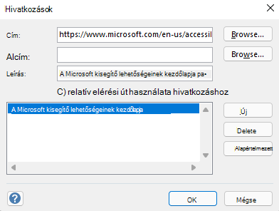 A Hivatkozások párbeszédpanel a Windows Visióban.