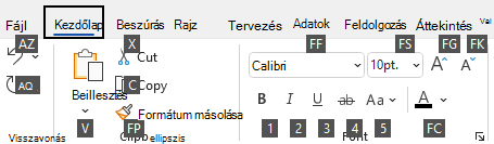 A Windows Visio menüszalagján megjelenő billentyűtippek.