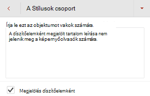 A Helyettesítő szöveg párbeszédpanel, amelyen be van jelölve a Megjelölés díszítőelemként jelölőnégyzet az Android PowerPoint-ban.