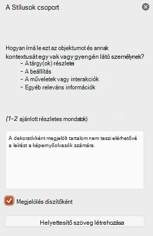 A Megjelölés díszítőként jelölőnégyzet bejelölve a helyettesítő szöveg ablaktáblán Mac PowerPoint.