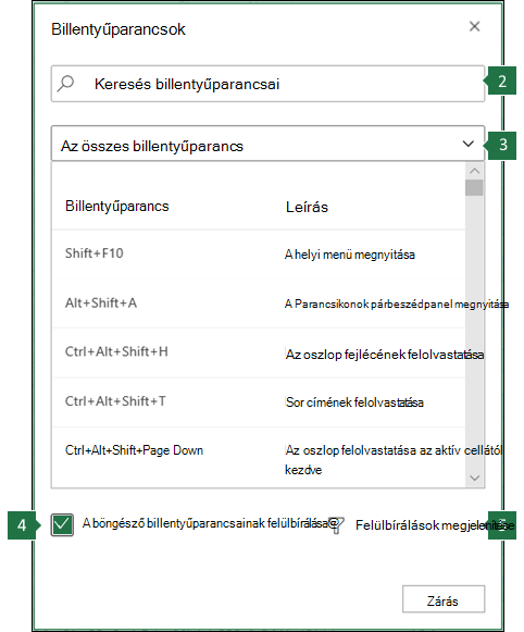 A böngésző billentyűparancsainak felülbírálása a Webes Excel párbeszédpanelen.