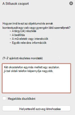 A Helyettesítő szöveg panel Mac PowerPoint.