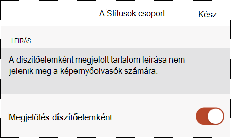 Az iOS PowerPoint Helyettesítő szöveg párbeszédpaneljén bejelölt Megjelölés díszítőelemként beállítás.