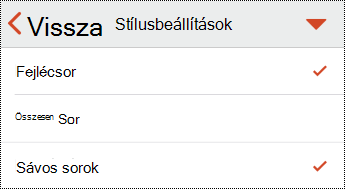 Táblázatfejléc menü az iOS PowerPointban.
