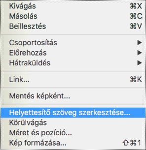 A Mac PowerPoint Helyettesítő szöveg szerkesztése parancsa a helyi menüben