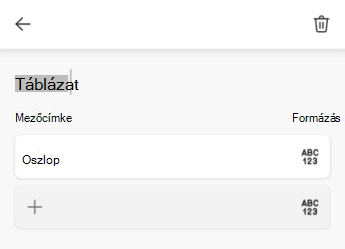 Táblázatnév szövegmező az Android Excel-ben