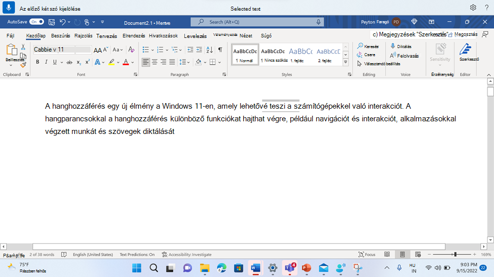 Word-dokumentum, amelyben a hanghozzáférés parancs látható két előző szó kiválasztásához.