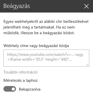 Képernyőkép: Beágyazás párbeszédpanel a SharePointban.