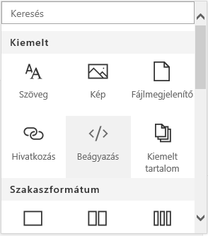 Képernyőkép: Beágyazás menü a SharePointban.