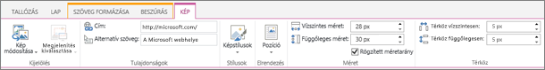 Képernyőkép a SharePoint Online-menüszalag egy részéről, amelyen a Kép lap van kijelölve, és láthatók a Kijelölés, a Tulajdonságok, a Stílusok, az Elrendezés, a Méret és a Térköz csoportban elérhető elemek.