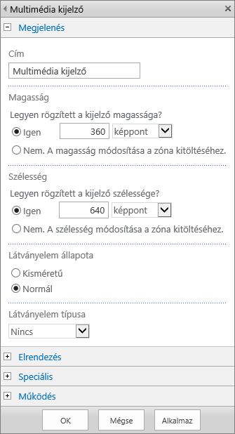 Képernyőkép a SharePoint Online Multimédia kijelző párbeszédpaneljéről, melyen megadhatja a médiafájlok megjelenési, elrendezési, speciális és viselkedési beállításait. Megjelennek a megjelenési beállítások, például a cím, a magasság, a szélesség, valamint a látványelem állapota és típusa.