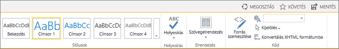 Képernyőkép a SharePoint Online menüszalagjáról a Megosztás, a Követés és a Mentés vezérlővel.