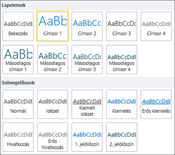 Képernyőkép a SharePoint Online menüszalagjának Stílusok csoportjából elérhető Lapelemek és Szövegstílusok csoportról.