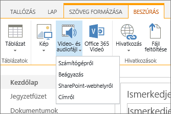 Képernyőkép a SharePoint Online menüszalagjáról. Válassza a Beszúrás lapon a Video- és audiofájl lehetőséget, és adja meg, hogy a számítógépről, egy SharePoint-helyről, egy webcímről vagy egy beágyazási kódon keresztül szeretne-e fájlt hozzáadni.