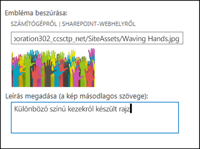 A SharePoint Online új webhelycím és -embléma megadására szolgáló párbeszédpanelje, amelyen látható, hogy miként hozhat létre helyettesítő szöveget egy emblémaképhez